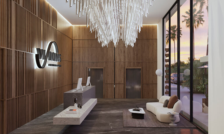 Elegant lobby at Visions at Brickell with modern wood accents.