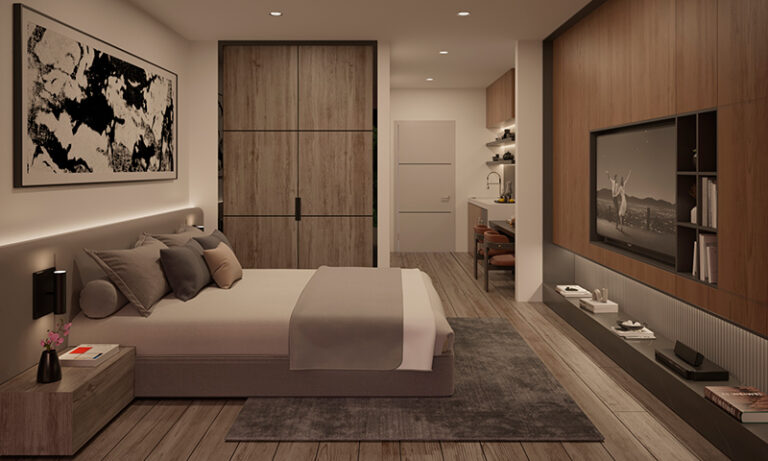 Stylish studio bedroom at Visions at Brickell with modern decor.