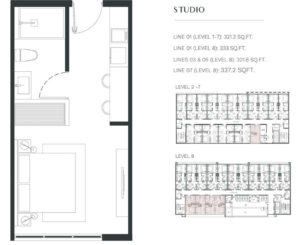 Studio floor plan at Visions at Brickell with unit dimensions.